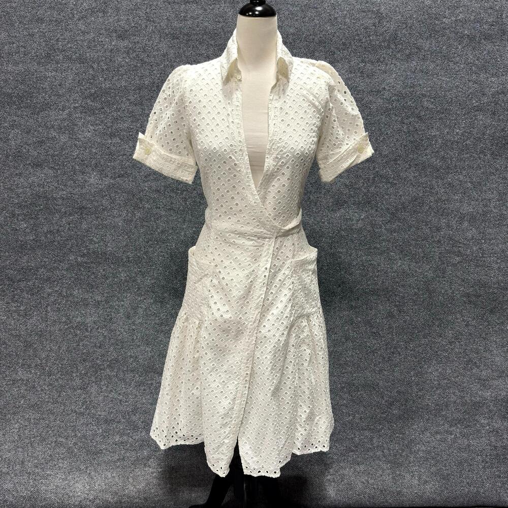 Diane Von Furstenberg Dress Womens 4 White Eyelet Cotton Wrap Shirt Midi Belted